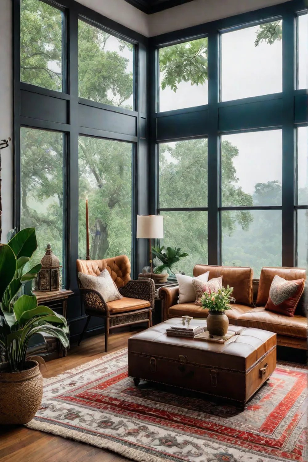 Boho chic living room with layered textiles and vintage decor