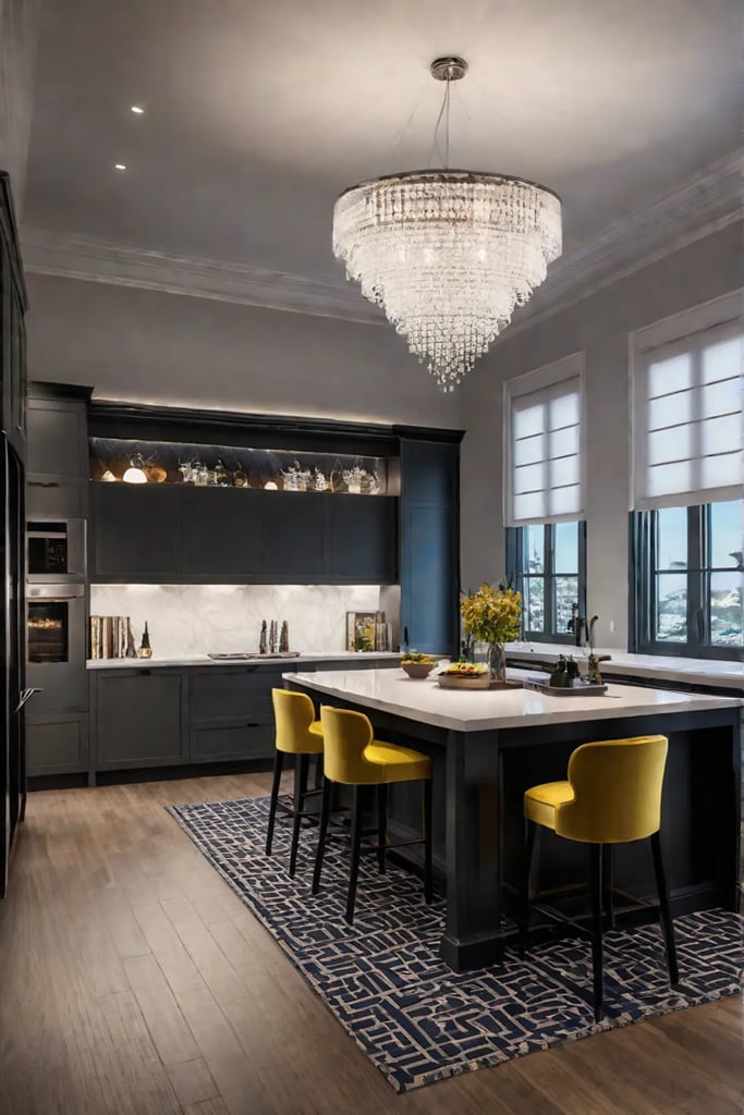 Bold and colorful kitchen with accent lighting and a statement chandelier for