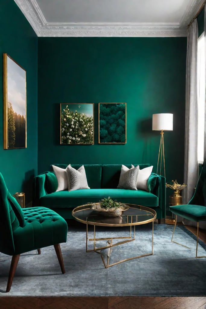 Bold and vibrant living room with emerald green accent wall