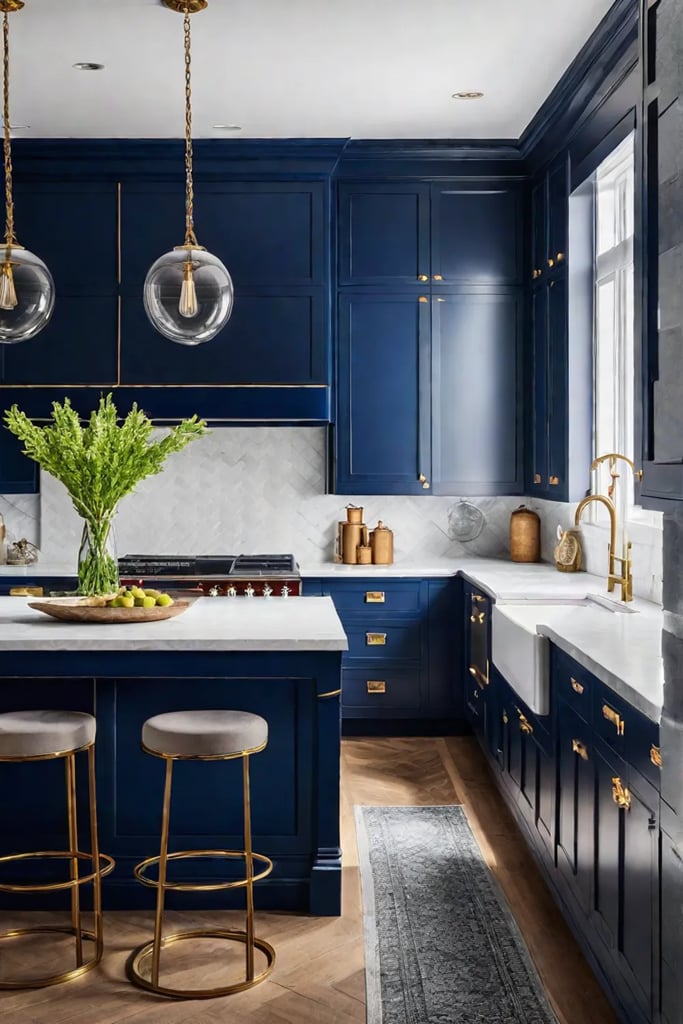 Bold kitchen design with white countertops and a subway tile backsplash