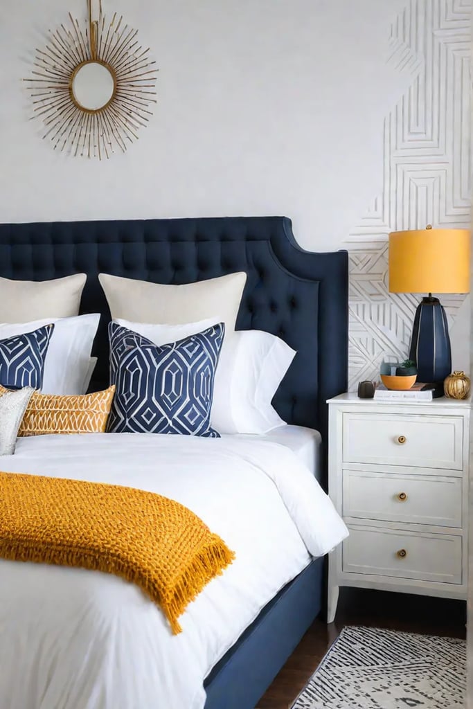 Bright bedroom with removable wallpaper and repurposed furniture