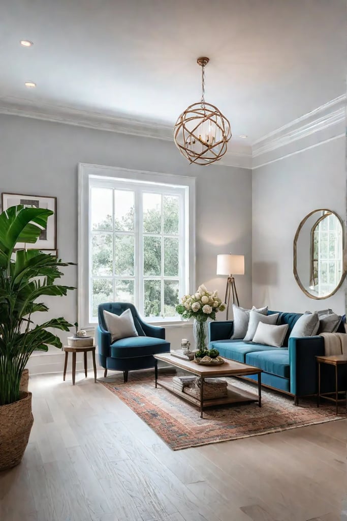 Bright and airy living room with a light color palette enhancing natural light
