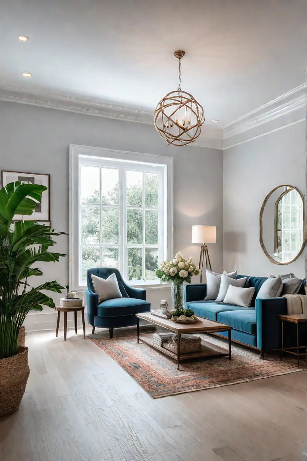 Bright and airy living room with a light color palette enhancing natural light