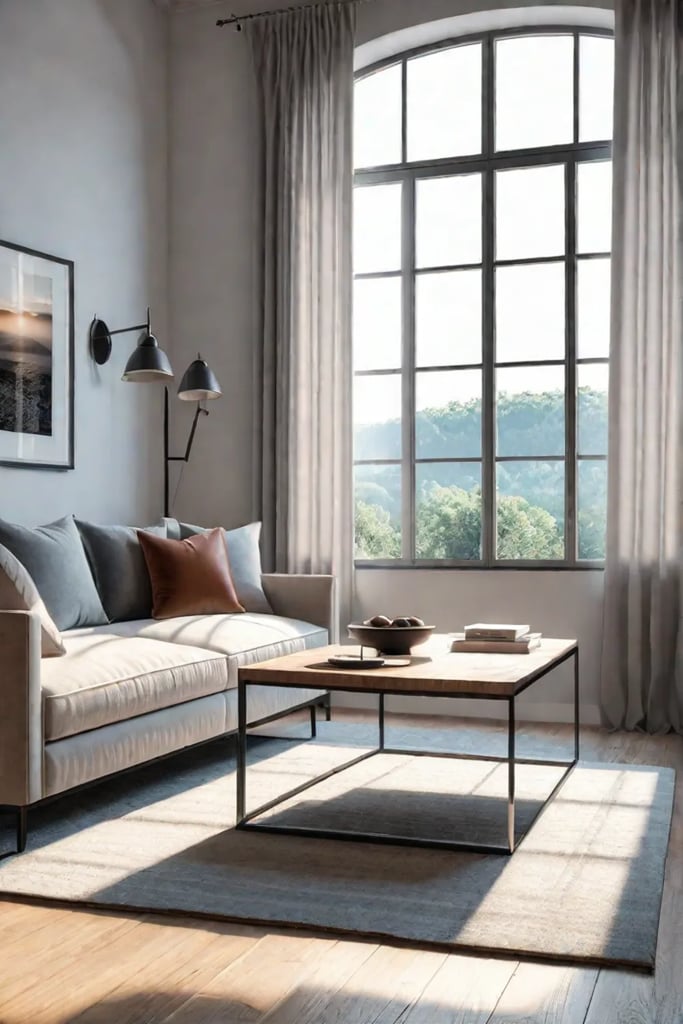 Bright and airy living room with lightcolored furniture and reflective surfaces