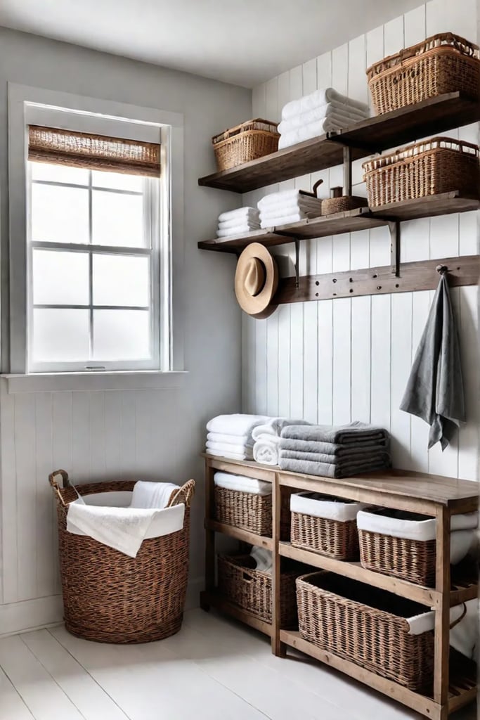 Bright laundry room with vintage decor and open shelving