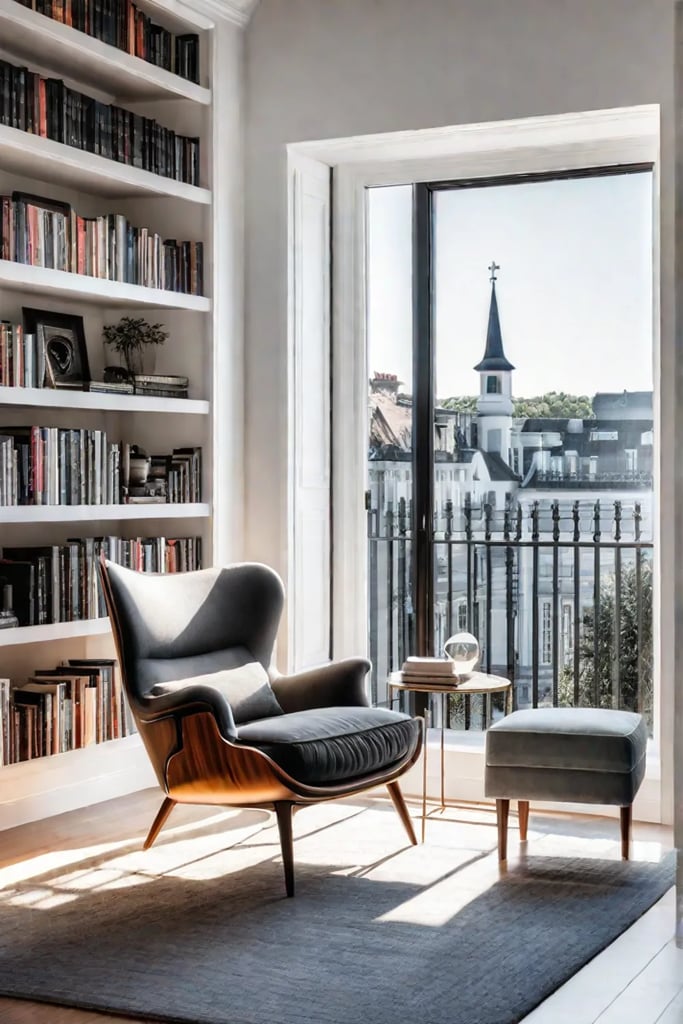 Builtin bookshelves in a bedroom reading nook