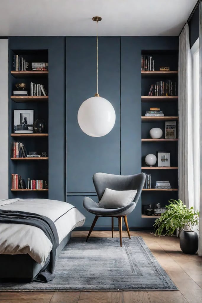 Chaise lounge beneath floating shelves for reading