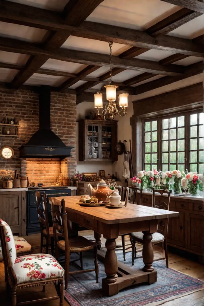 Charming English cottage kitchen with antique teapots and floral accents