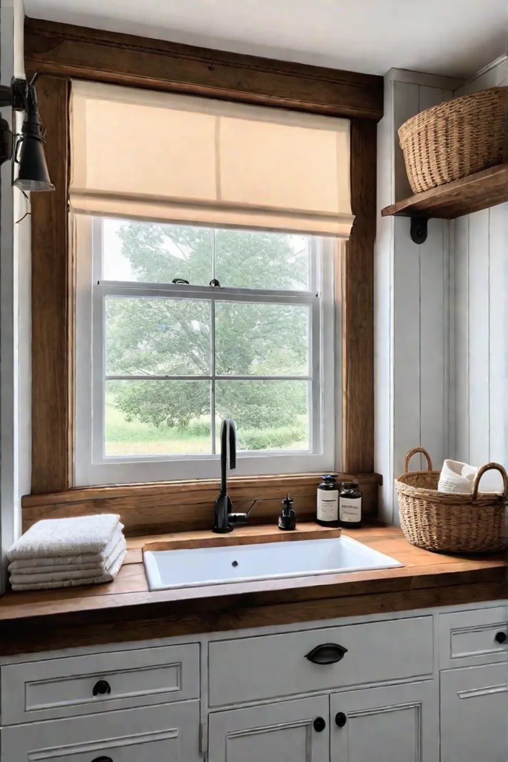 Charming laundry area with shiplap walls and natural light
