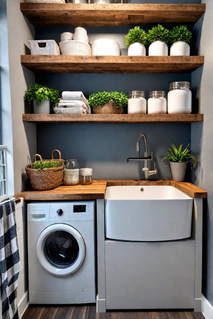 Charming laundry room with vintage jars and butcher block countertops