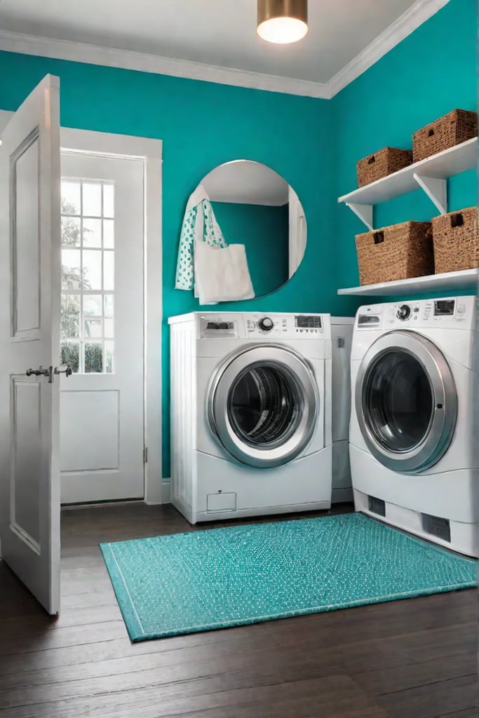 Cheerful laundry room with colorful rug and vintage accents