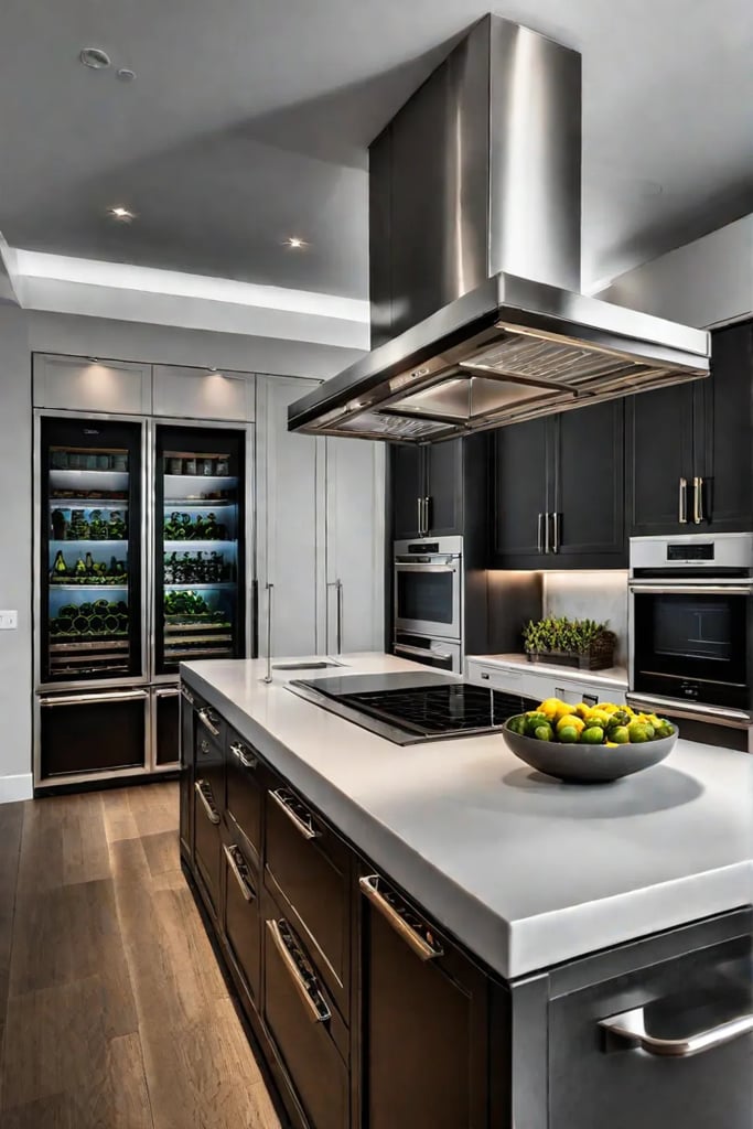 Chefs kitchen with stainless steel island countertop and professional appliances