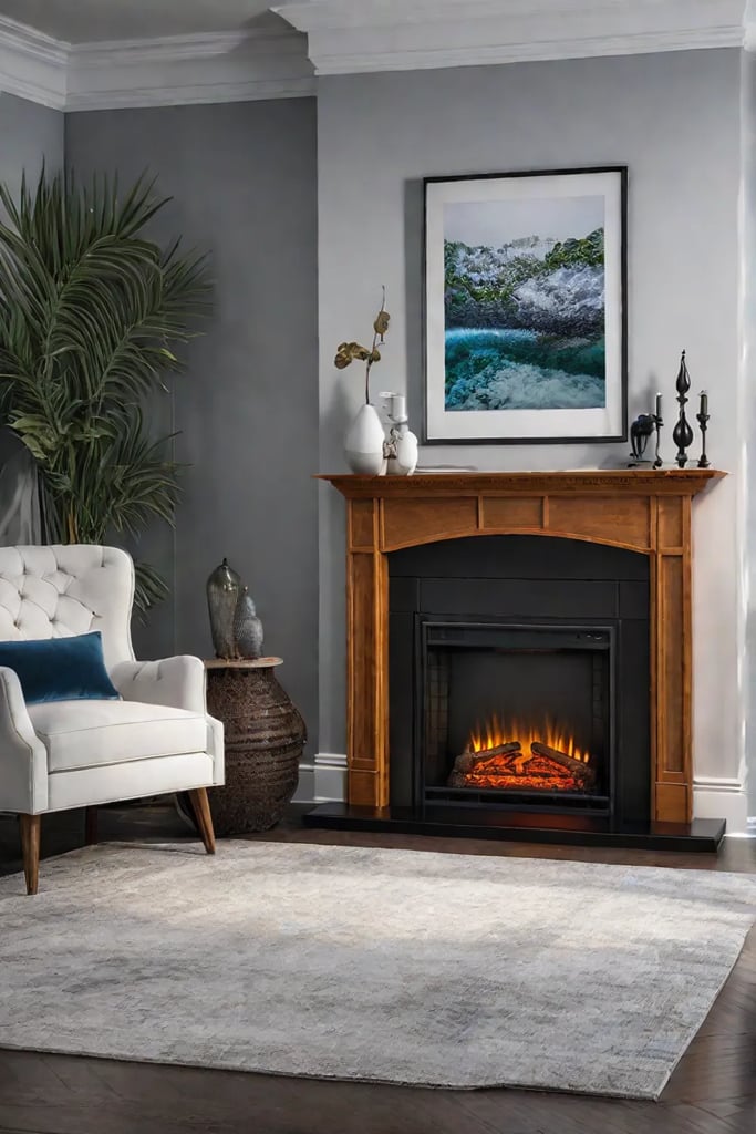 Childfriendly living room with fireplace and playful decor