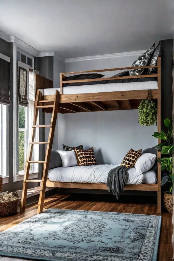 Childs bedroom with a treehouse bed animal pillows and natural light