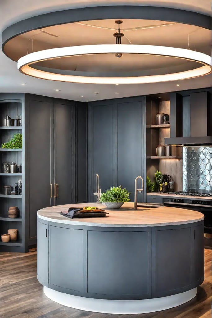 Circular kitchen island with reclaimed wood and pendant lighting