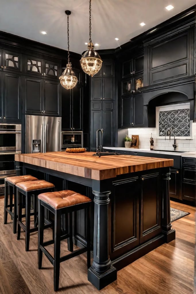 Classic kitchen island with raised bar seating and butcher block countertop