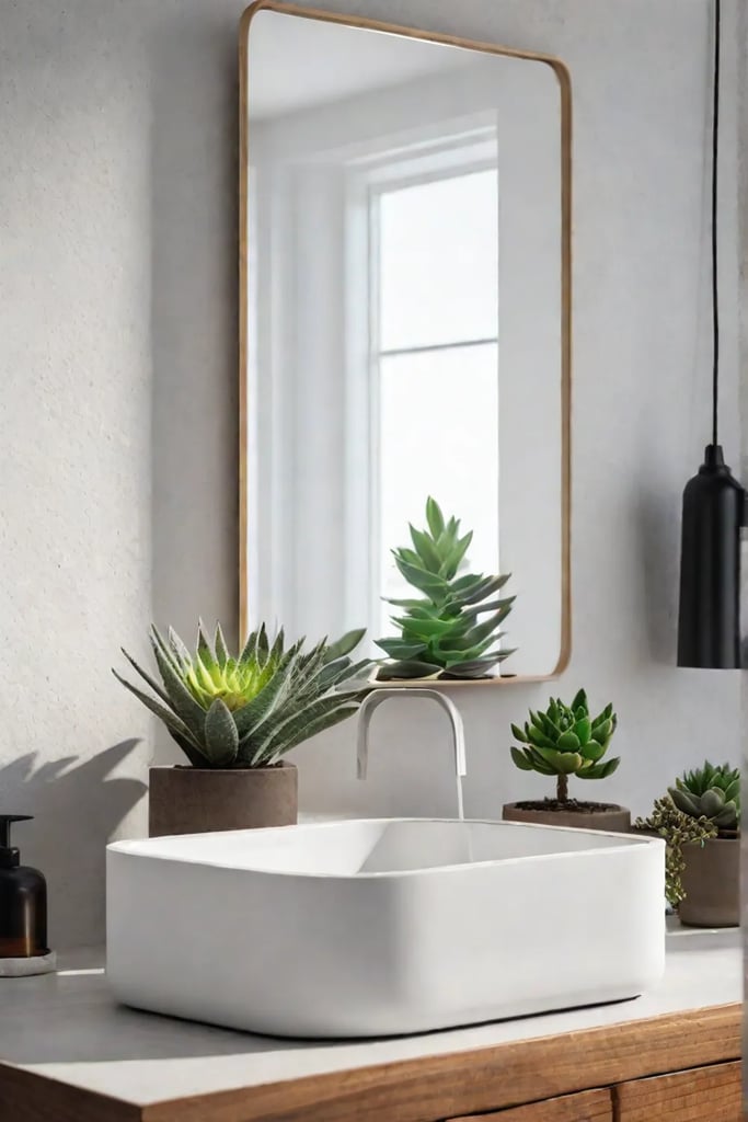 Closeup of a modern bathroom sink with a DIY concrete countertop
