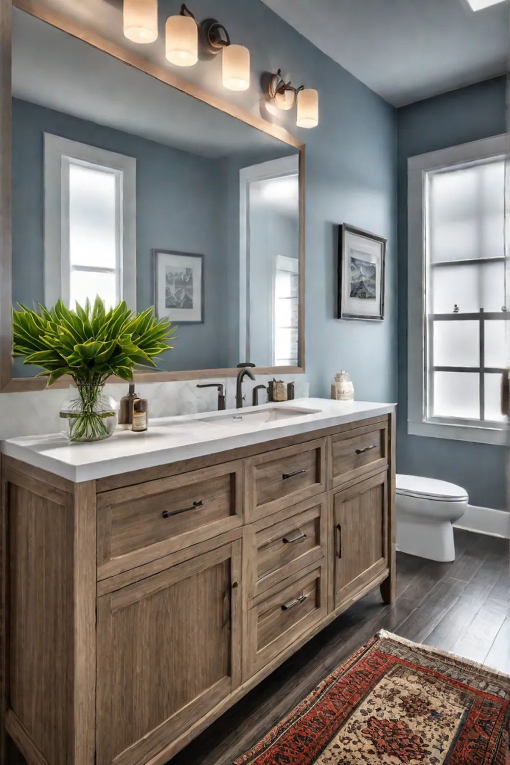 Coastal bathroom with layered lighting