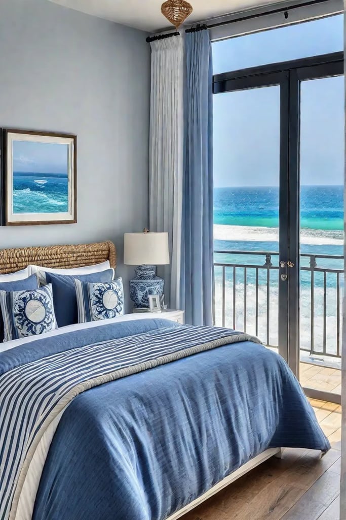 Coastal bedroom with blue and white decor and nautical accents