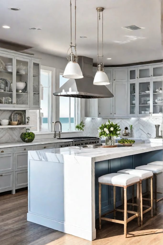 Coastal kitchen island with whitewashed wood and marble countertop