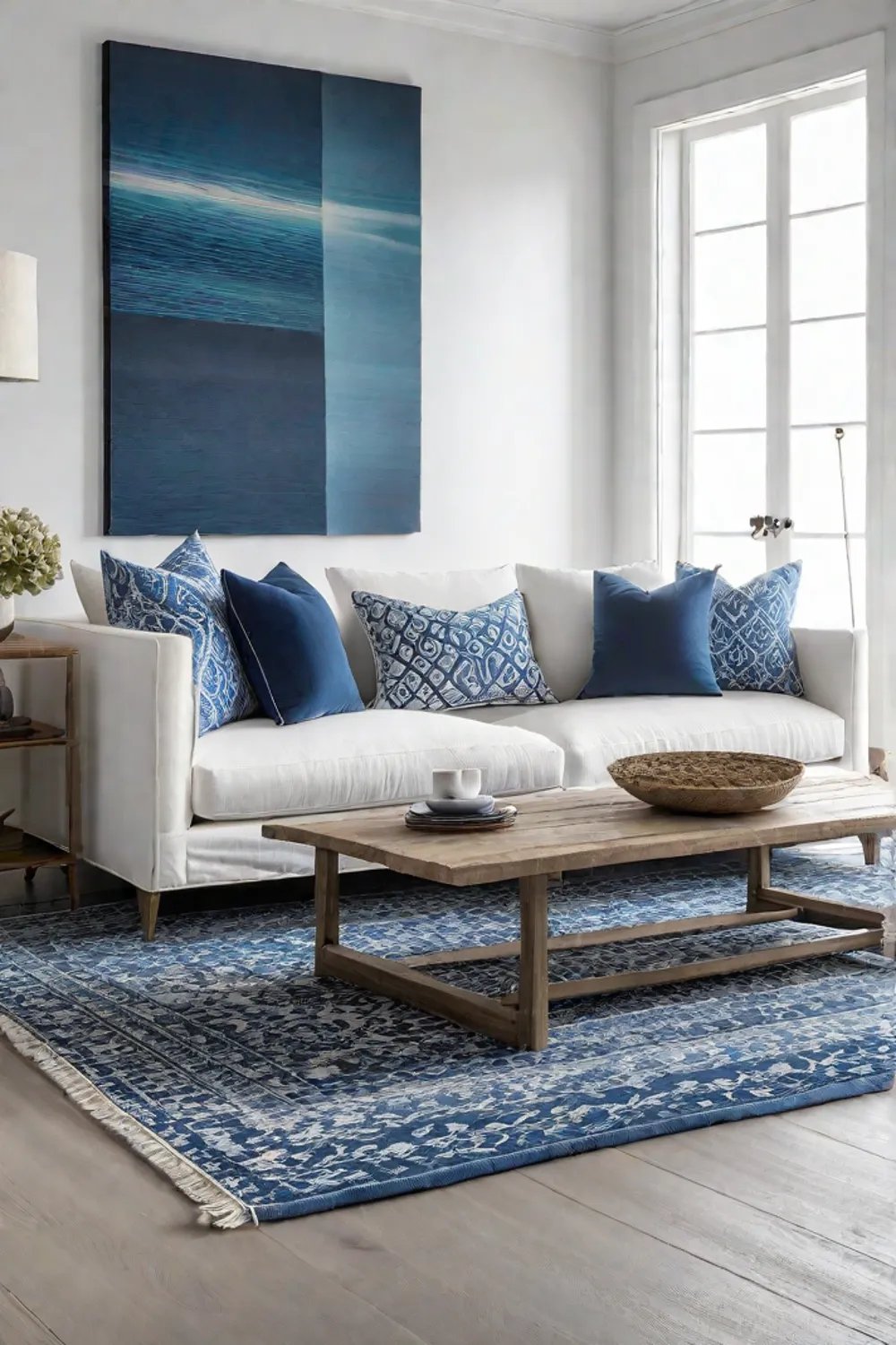 Coastal living room with white slipcovered sofa and driftwood
