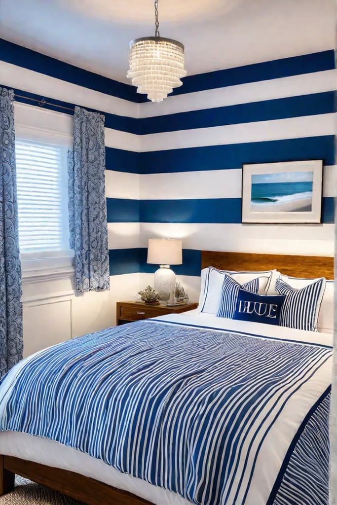 Coastal style bedroom with blue and white stripes and nautical decor