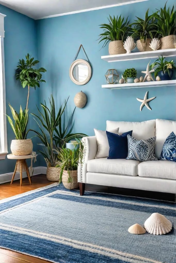 Coastal themed living room with floating shelves and vertical garden