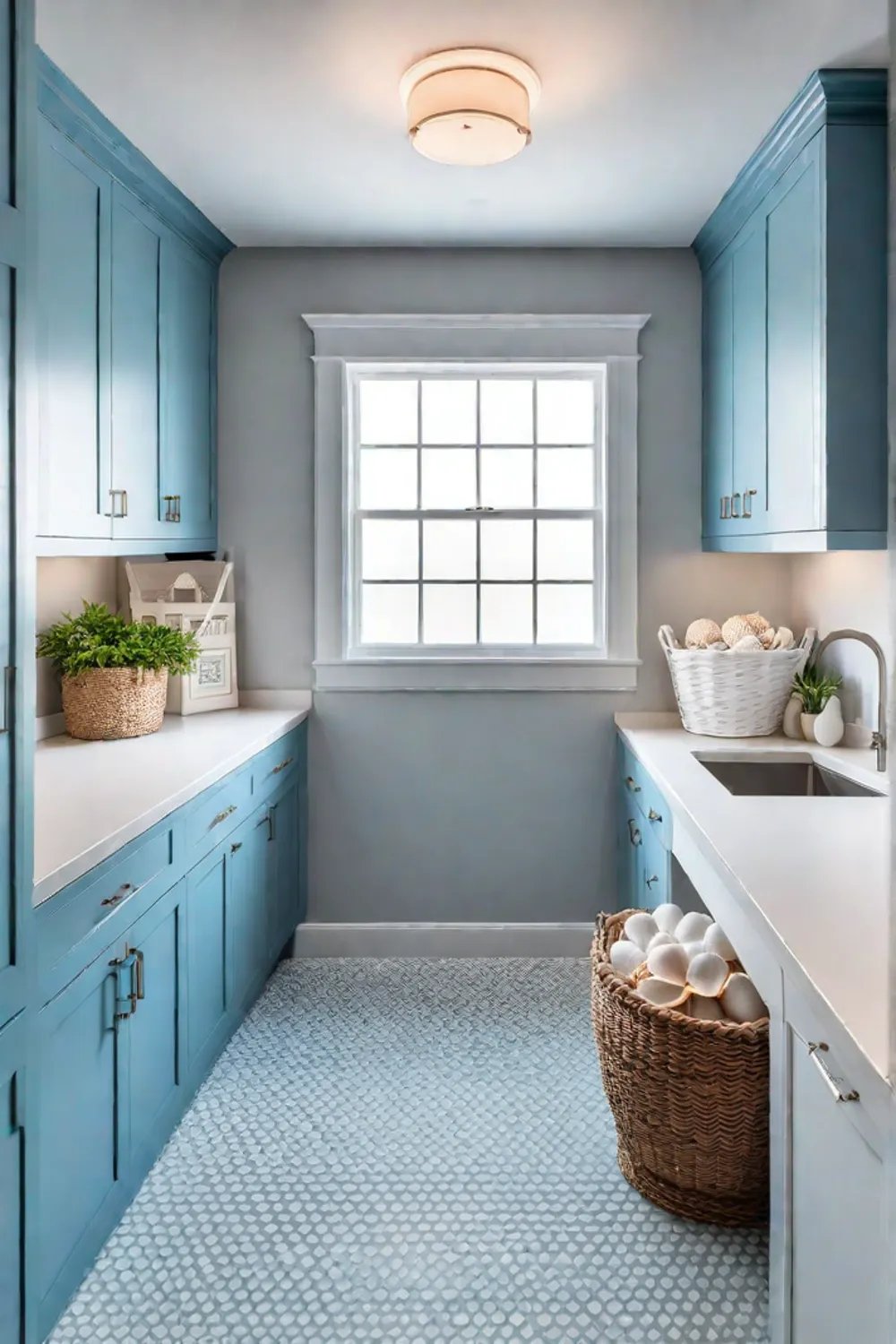 Coastalthemed laundry room with light blue cabinetry