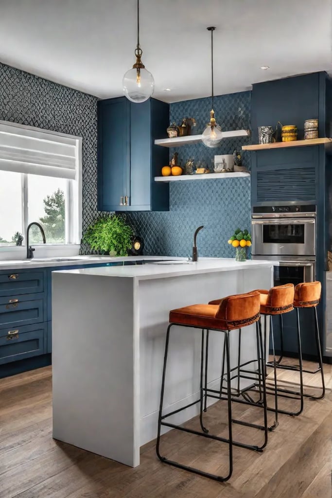Colorful kitchen island with tiled backsplash and bar stools