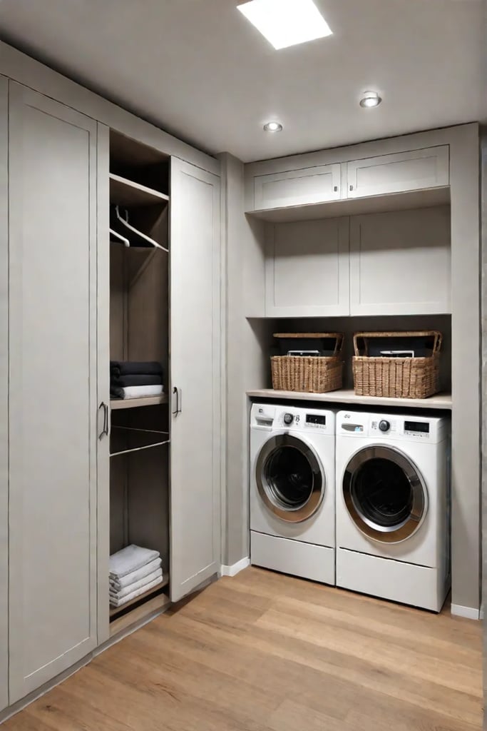 Combination washerdryer in a laundry room with floortoceiling cabinets
