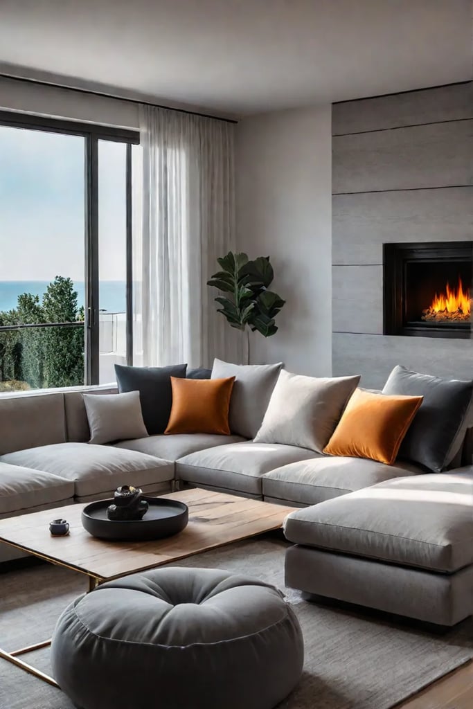 Comfortable living room with a plush sectional sofa and a cozy fireplace