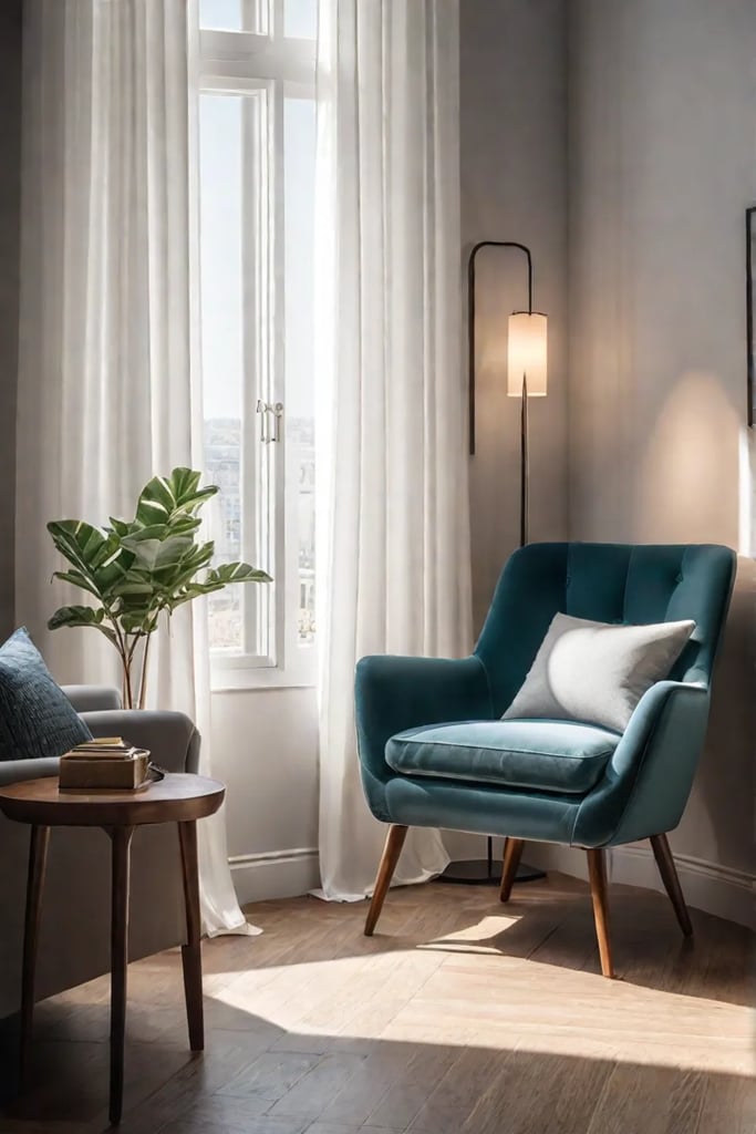 Comfortable armchair and bookshelf in a sunlit reading space