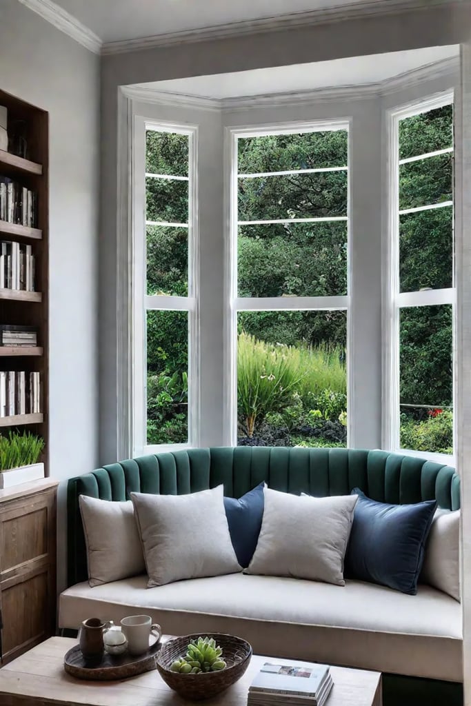 Comfortable bay window seating with integrated bookshelves
