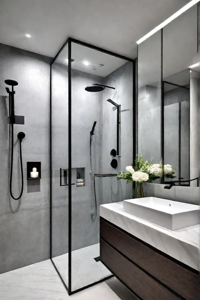 Compact and cozy small bathroom with floating vanity and builtin mirror