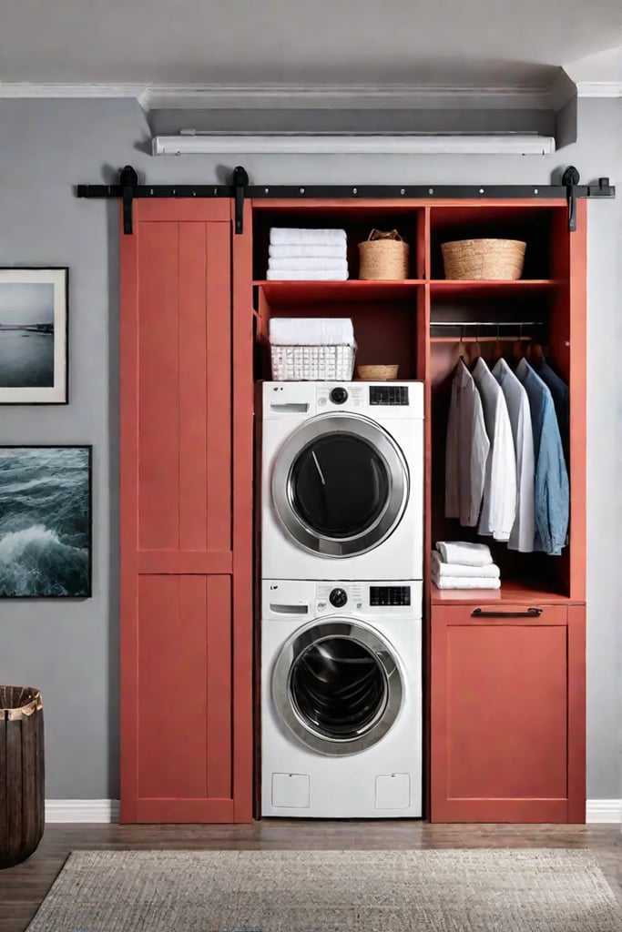Compact laundry closet with barn door and spacesaving appliances