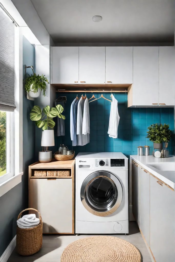 Compact laundry room with foldable ironing board and countertop