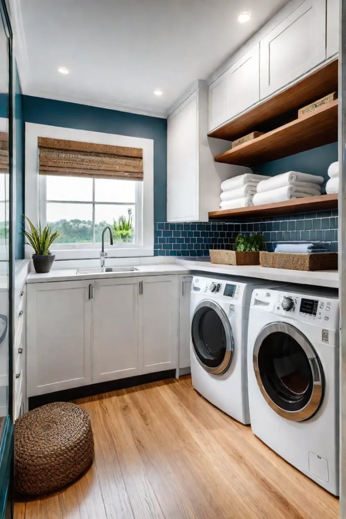 Condo laundry area under the stairs with washer dryer and countertop