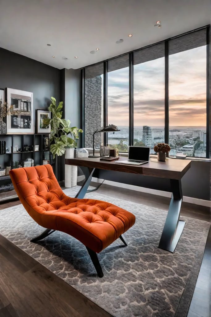 Contemporary bedroom with distinct sleeping working and relaxation zones