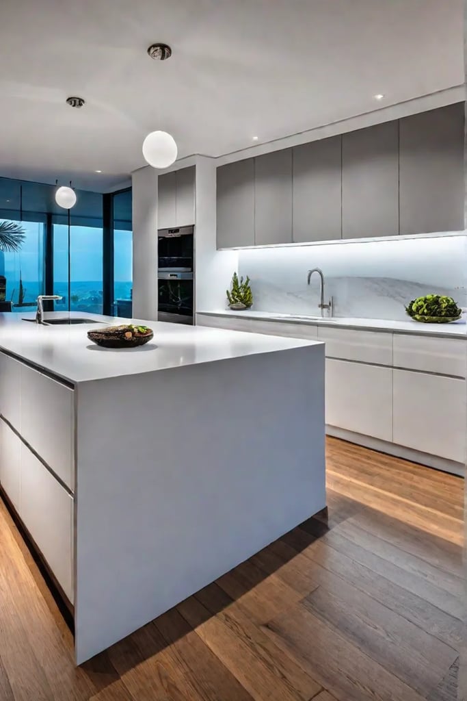Contemporary kitchen with white quartz island countertop and waterfall edge