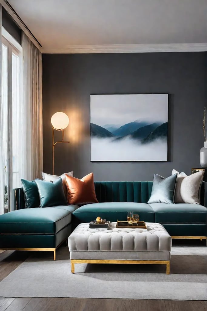 Contemporary living room with a velvet sofa bed metallic storage ottoman and