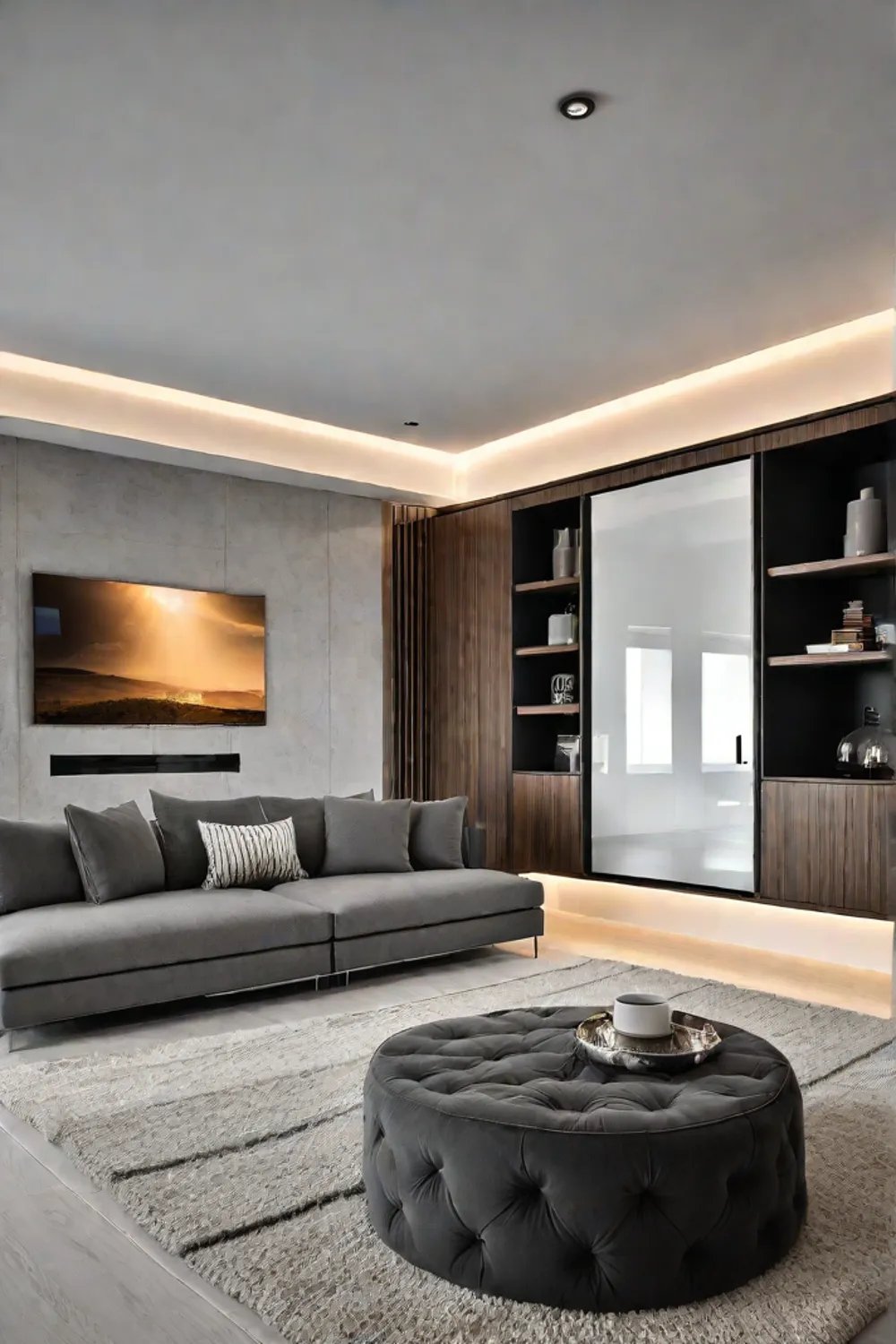 Contemporary living room with modular sofa and builtin entertainment center