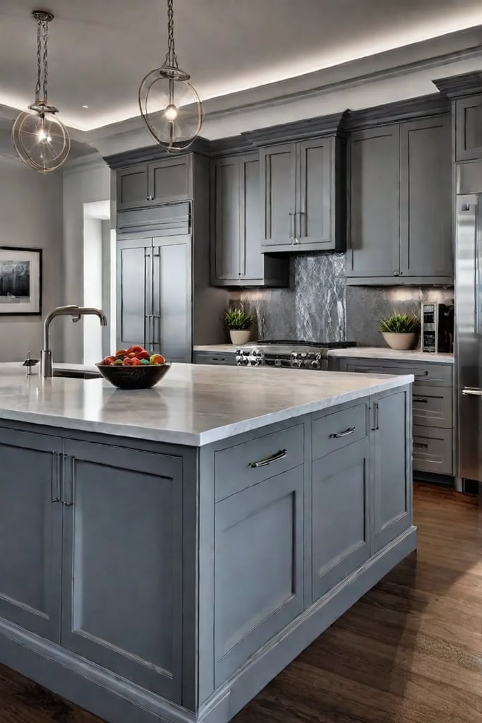 Contemporary kitchen with shakerinspired cabinets in a light gray finish