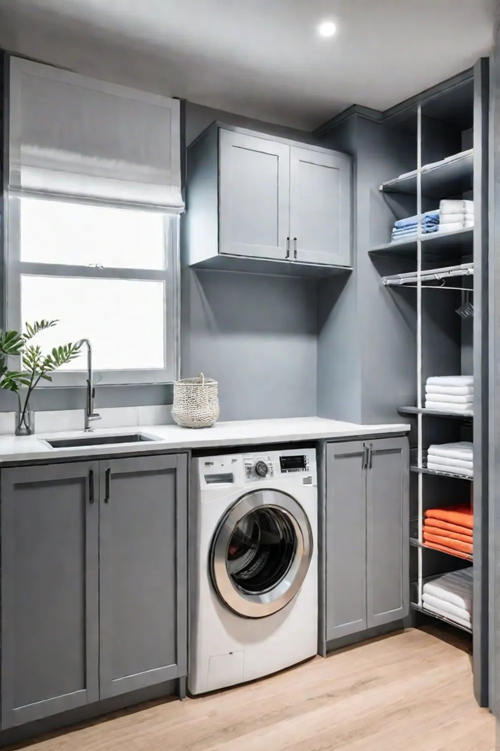 Contemporary laundry room with gray cabinets and sorting hamper