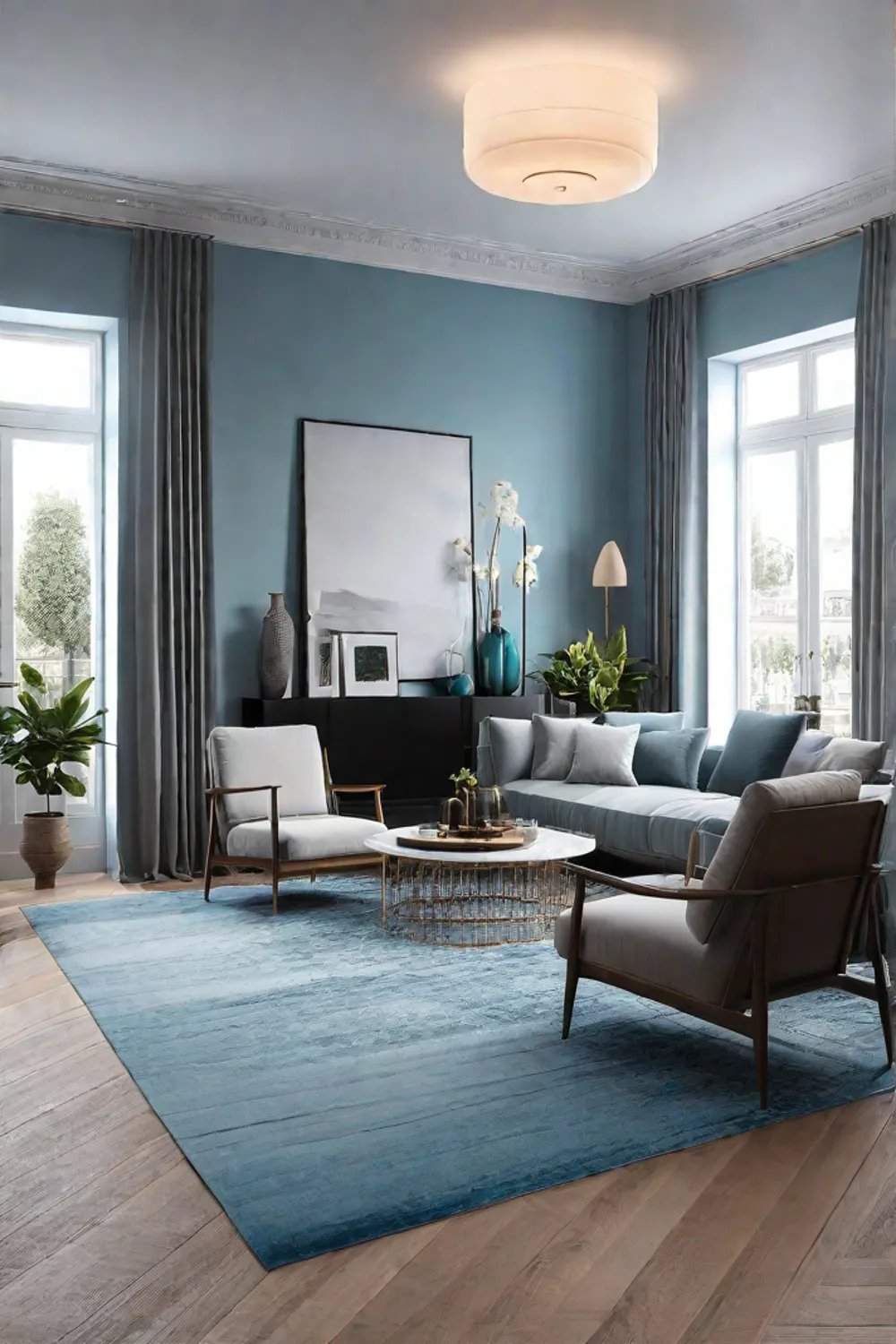 Coordinating color schemes between a small living room and dining area