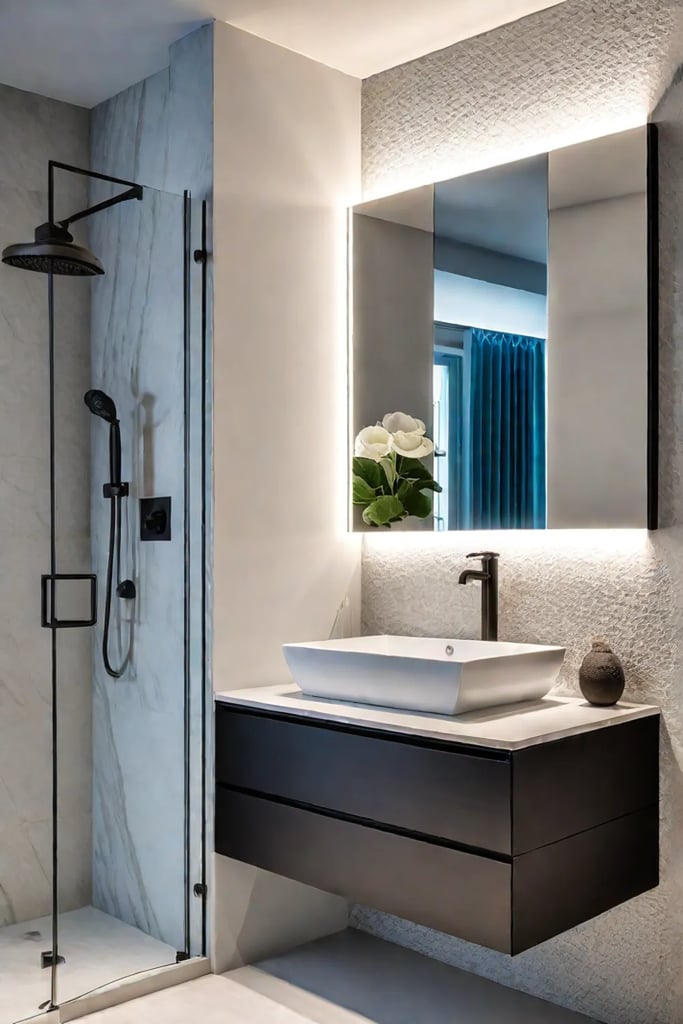Corner shower enclosure with frameless glass and a floating vanity