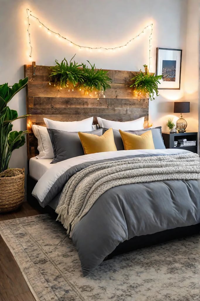 Cozy DIY bedroom with reclaimed wood headboard and fairy lights