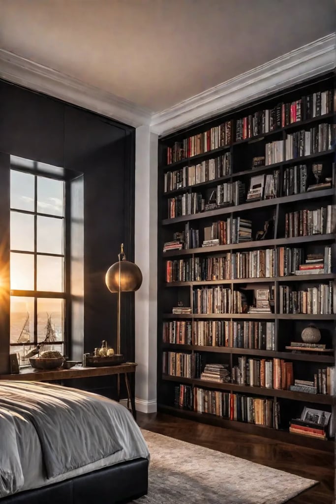 Cozy bedroom with builtin bookcase