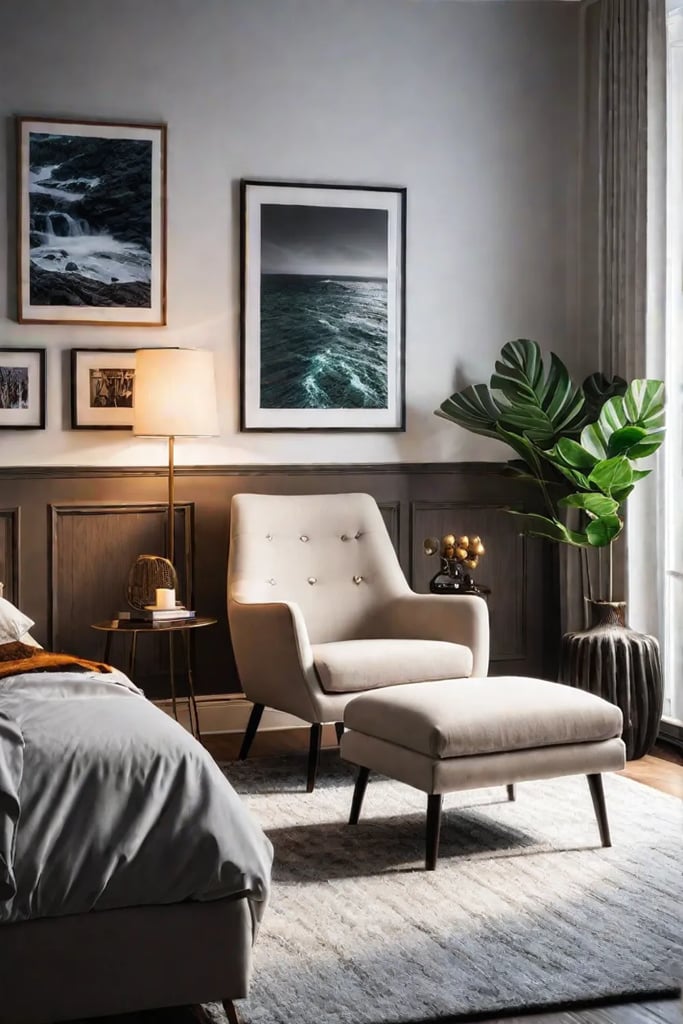 Cozy bedroom with reading nook and warm tones