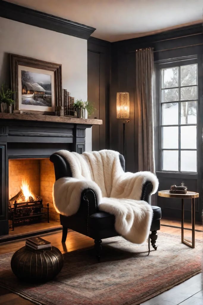 Cozy corner of a rustic bedroom with fireplace and reading nook