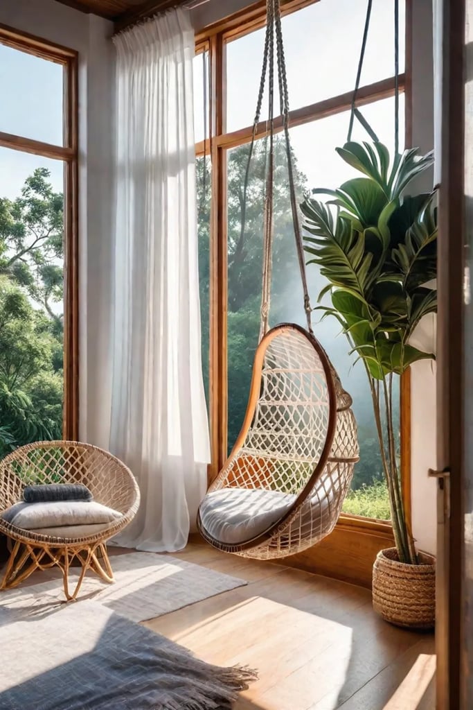 Cozy living room corner with rattan chair and plants